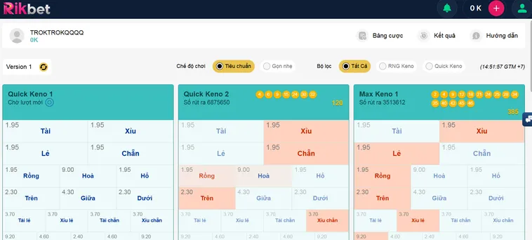 Khám Phá Giao DIện Keno RikBet Đỉnh Cao Với Nhiều Giải Thưởng Lớn